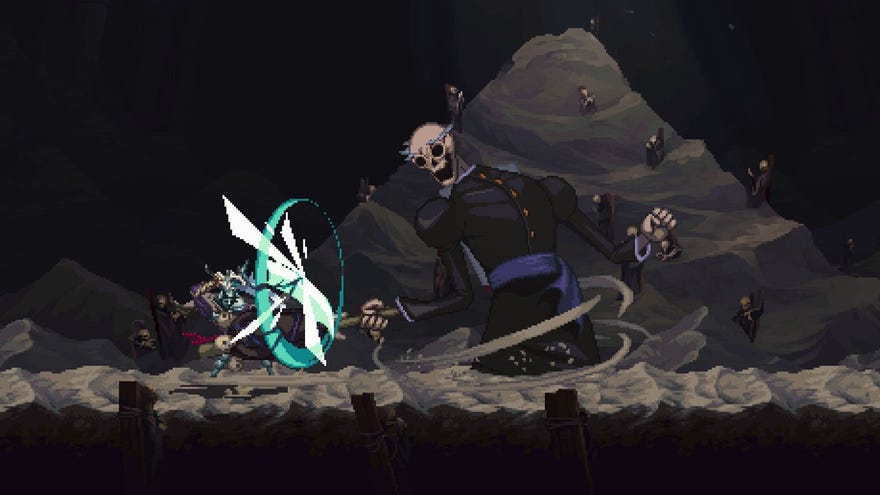 The Penitent One fights what appears to be a giant skeleton in a priest’s robe in Blasphemous 2