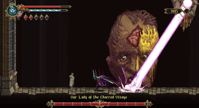 A knight runs away from a giant laser in front of a giant head in Blasphemous