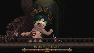 Battling a big holy baby in a Blasphemous screenshot.