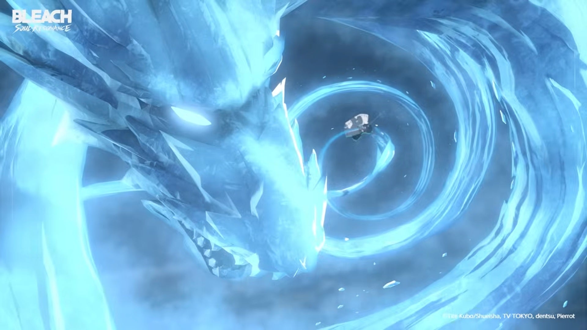 Hitsugaya Toshiro is just visible in the midst of a blue vortex created by an ice dragon summon in BLEACH Soul Resonance. - 4
