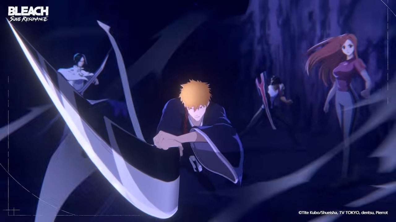 Four characters from Bleach Soul Resonance, including Ichigo and Orihime, pose dramatically ahead of the start of battle; Ichigo wields a large curved sword towards the camera. - 5