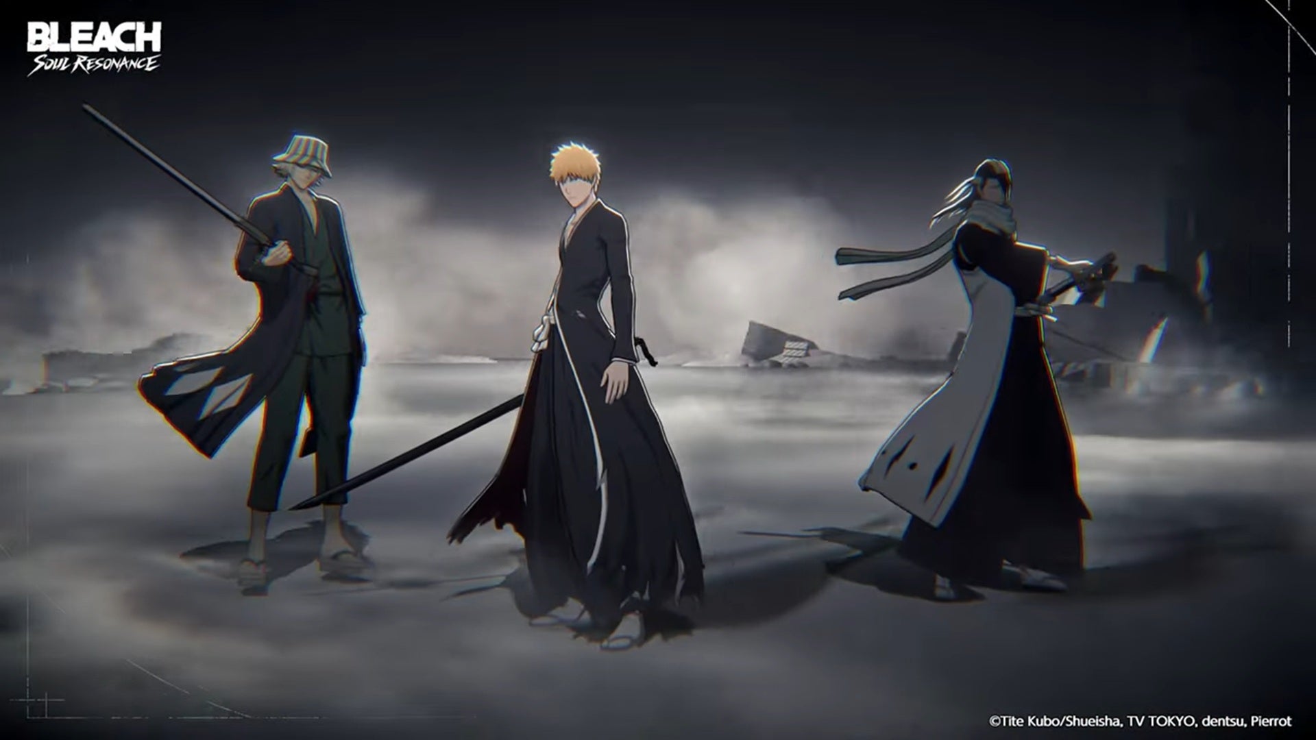 Three characters from Bleach, including main protagonist Ichigo in the centre, stand against a smoky black background.