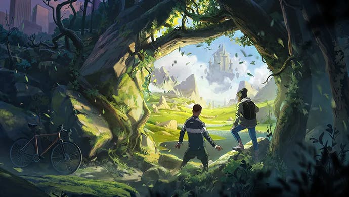 Concept art for Blizzard's now cancelled survival game showing two figures stumbling upon a passage leading away from their dreary urban home to a verdant fantasy world.
