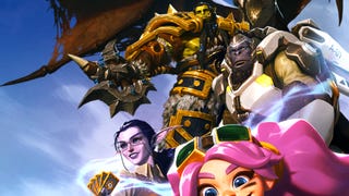 Official BlizzCon artwork showing classic Blizzard characters gathered together in front of a bright blue sky.