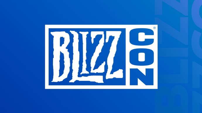 A white BlizzCon logo on a blue gradient background.