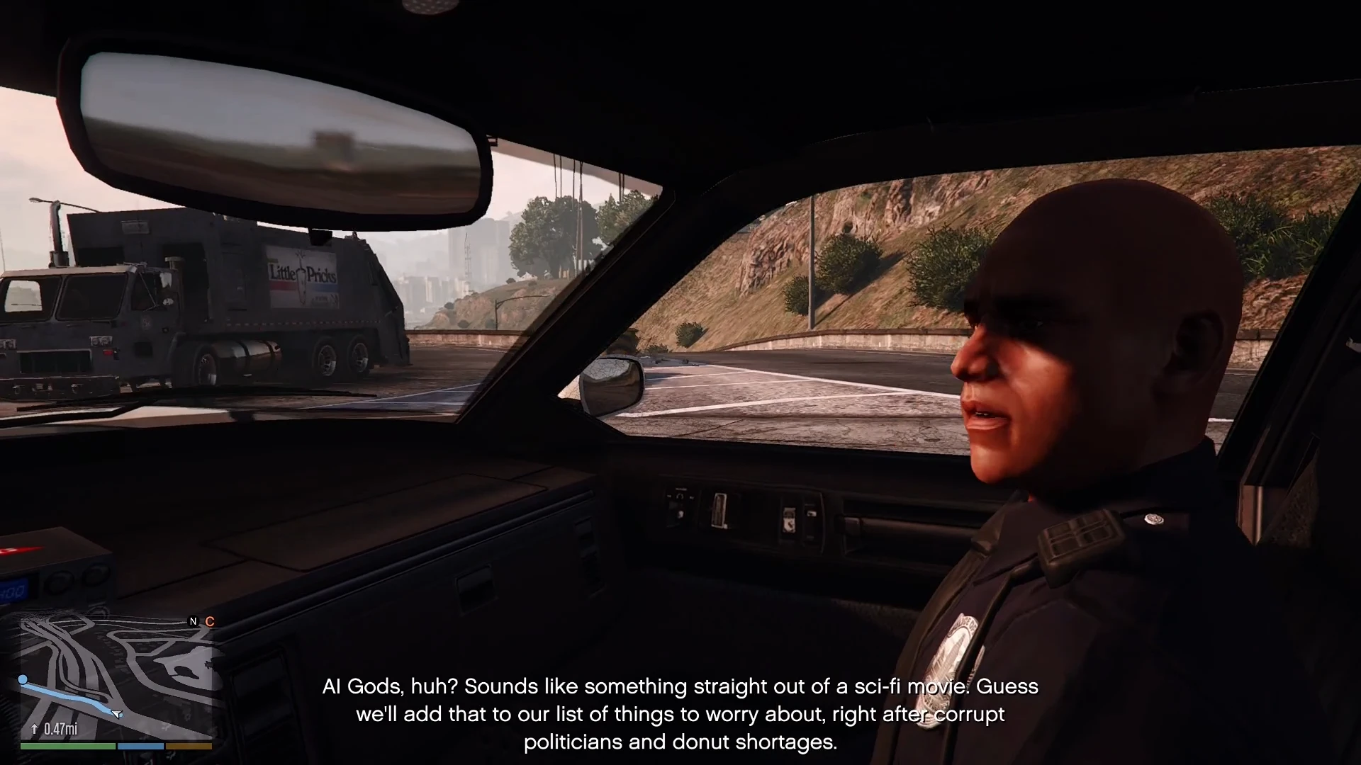 Chatting in a copcar in Bloc&rsquo;s AI GTA 5 mod