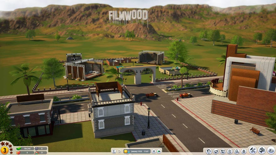 A zoomed out view of a film studio lot in management sim Blockbuster Inc.