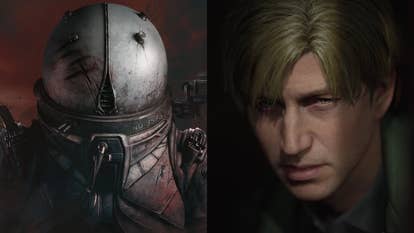 Double image of Bloober's games - the helmeted sci-fi protagonist of Cronos and James, the protagonist of Silent Hill 2