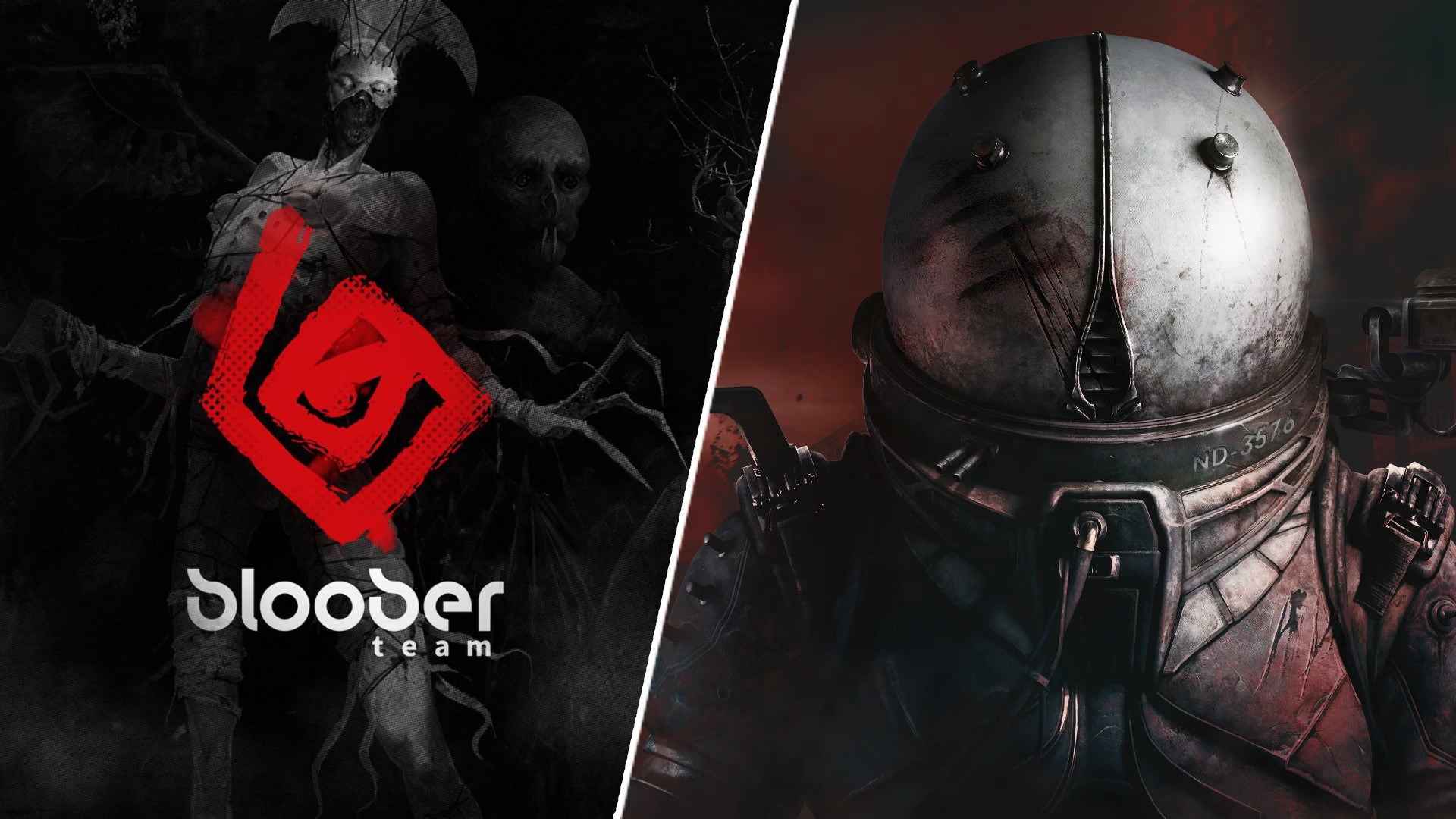 Bloober Team's red capital-B shaped icon, in a split image with a helmeted figrue that looks suspiciously phallic. - 1