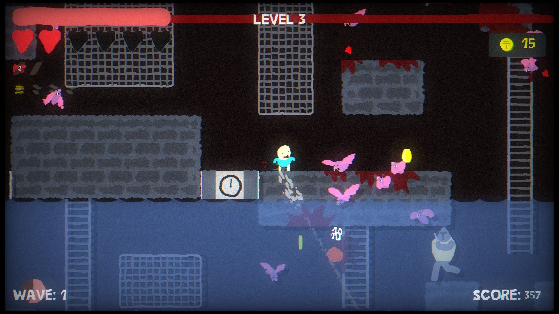 The player stands above a pool in Blood Dungeon