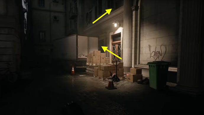 A series of boxes that leads up to a vent in the Black Ops 6 Blood Feud mission.