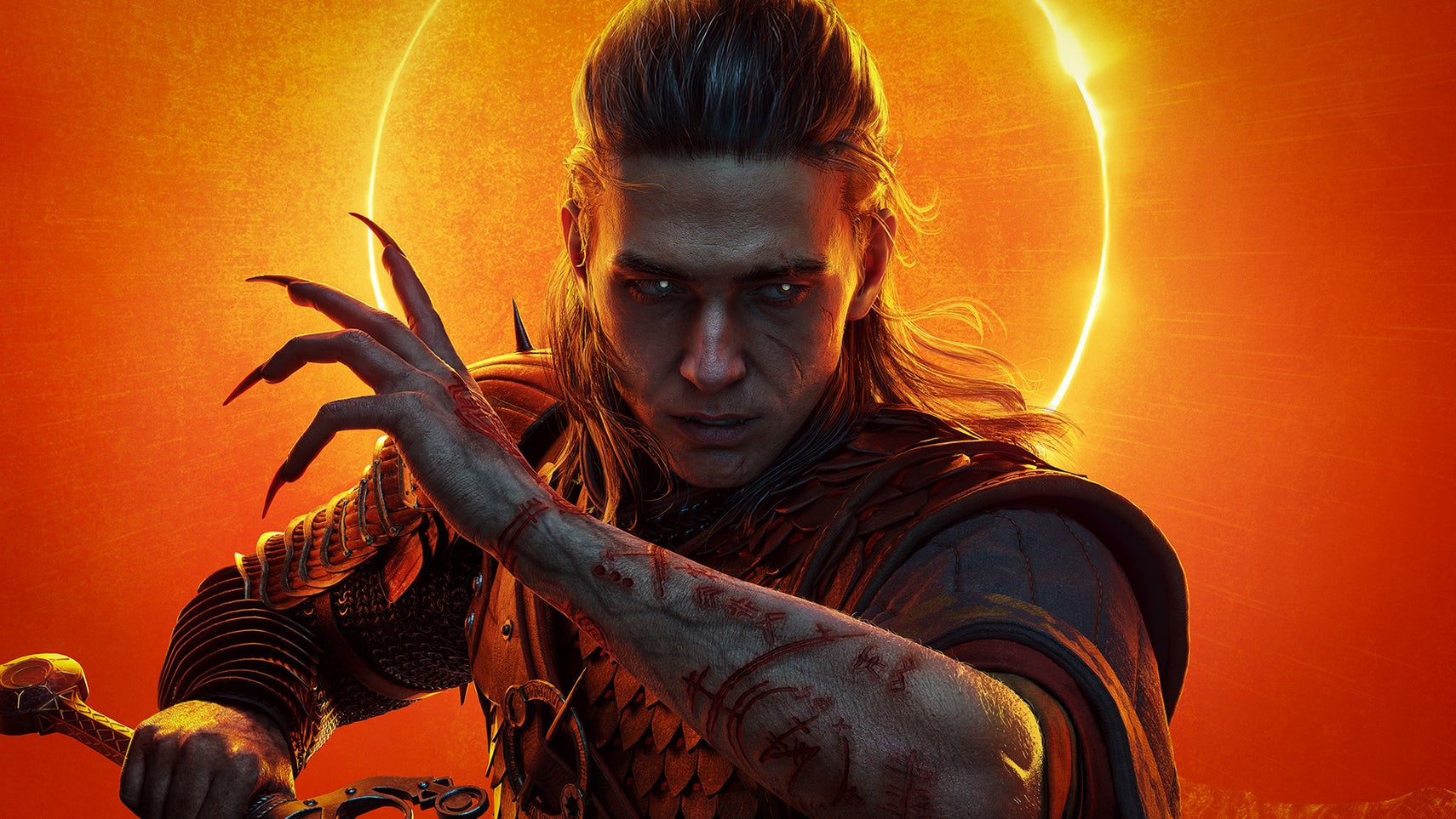 Image 1: An orange sun-like glow frames a pale-skinned, lacerated-armed, young masculine person holding a sword, who also has dangerously sharp claws. It's Coen from The Blood of Dawnwalker.