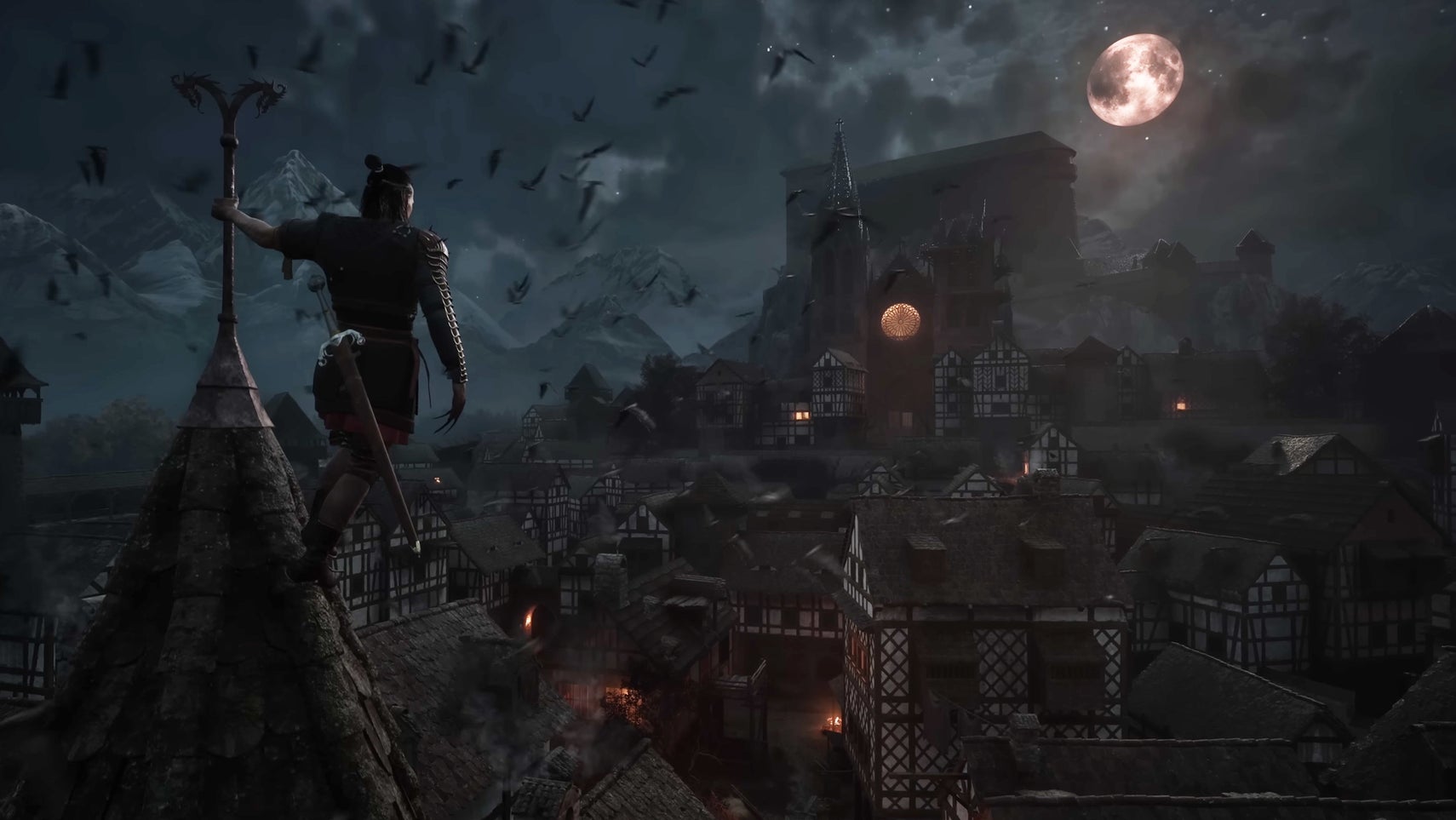 A man hangs of the spire of an old town, the moon shining down on it in The Blood of Dawnwalker. - 1