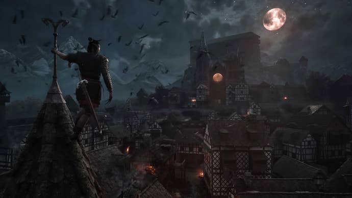 A man hangs of the spire of an old town, the moon shining down on it in The Blood of Dawnwalker.
