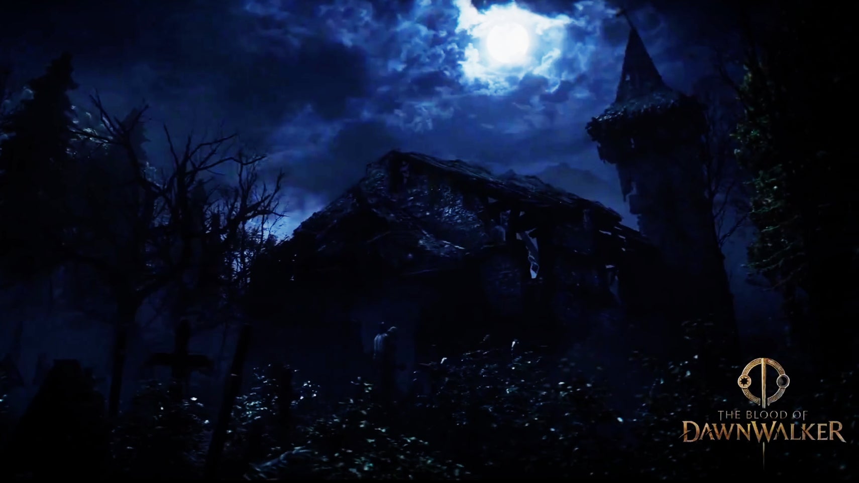 A character scampering by a church at night in The Blood of Dawnwalker. - 1