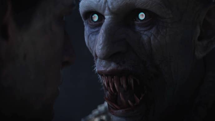 A shot from The Blood of Dawnwalker’s cinematic trailer showing a close-up of a snarling vampire with glowing white eyes and a mouthful of long, bloodied teeth.