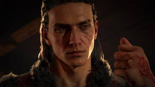 A close-up screenshot of scarred young man with ponytailed hair and a furry collar, who holds their scarred fist up to the camera. They look but pleasant and determined.