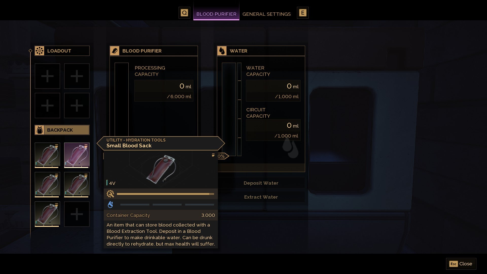 A menu showing several Blood Bags and a Blood Purifier in Dune Awakening. - 5