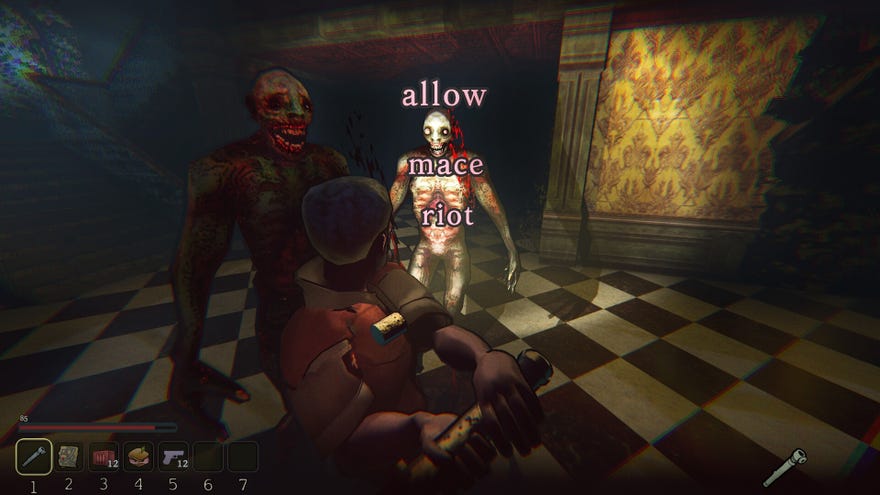 The player faces off against zombie-like enemies and must type ‘allow, mace, riot’ to defeat them.