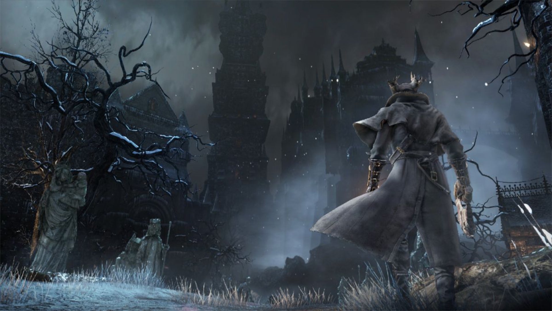 The protagonist from Bloodborne approaching some spooky buildings. - 3