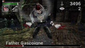 A screenshot of Bloodborne PSX, a fan demake of Bloodborne, showing a roaring Father Gascoigne covered in fake scanlines.