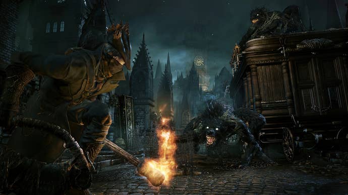 A Victorian-themed hunter does battle with a horrible dog monster in Bloodborne
