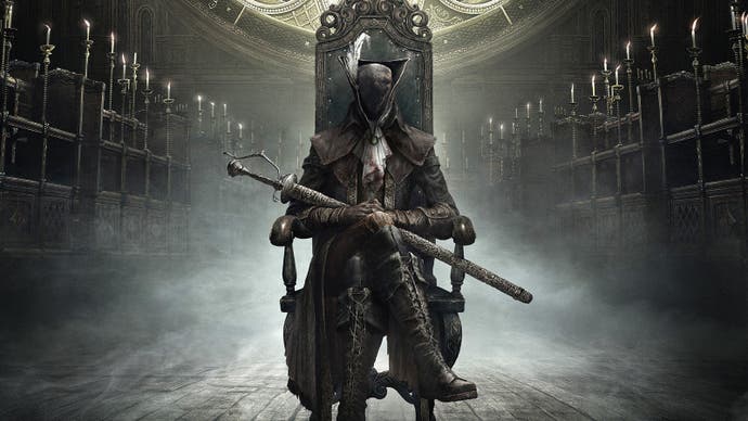 Title artwork for Bloodborne: The Old Hunters.  The player character sits before us on a chair, head bowed, sword held in scabbard across their lap.  They wear typical Victorian traveling gear: long coat, long boots, tricornered hat.  They sit alone in the middle of a large room lined by shelves and candles.