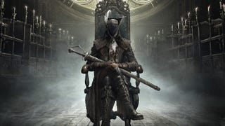 Title artwork for Bloodborne: The Old Hunters. The player character sits before us on a chair, head bowed, sword held in scabbard across their lap. They wear typical Victorian travelling gear: long coat, long boots, tricornered hat. They sit alone in the middle of a large room lined by shelves and candles.