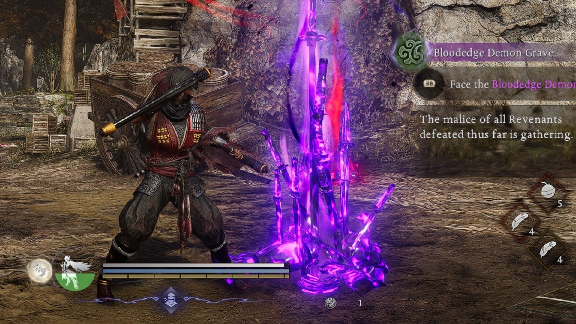 A Ninja stands in front of a purple glowing Bloodedge Demon Grave in Nioh 3. - 1