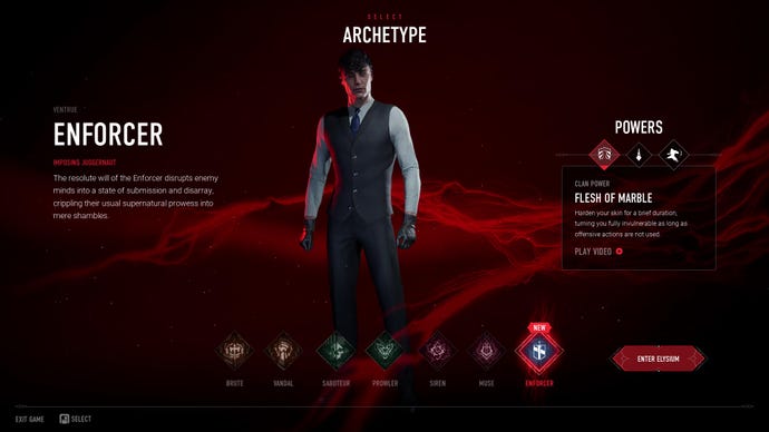 The Enforcer (Ventrue) archetype, as added to Vampire: The Masquerade - Bloodhunt in Version 1.0.