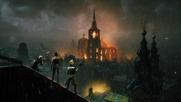 A group of players in Bloodhunt stands together on a rooftop and looks towards a burning building in the distance.