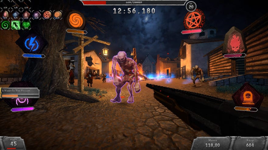 A shotgun is aimed at an elite demon with a pink border in a grimdark village.