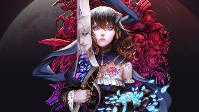 A promotional illustration for Bloodstained: Ritual of the Night depicting protagonist Miriam holding a sword aloft.