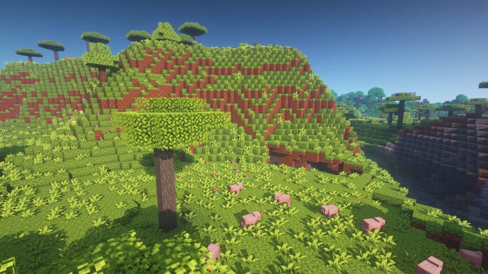 A Minecraft screenshot of a landscape displayed using the Bloom Texture Pack.