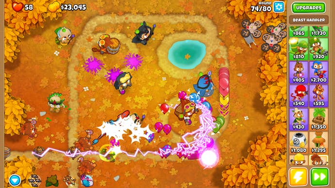 An autumn-themed Bloons level, showing off the game's central monkeys-fighting-balloons concept before the whole screen turns into a visually un-parseable fireball.
