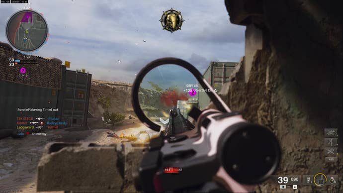 Peeking around cover and shooting an enemy in the head.