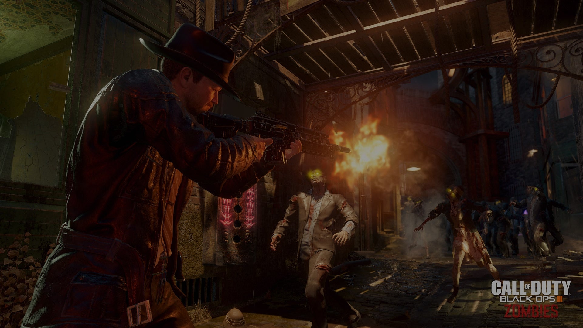 A cowboy-coded character shoots at the undead with a shotgun in Call of Duty: Black Ops 3 Zombies mode. - 7