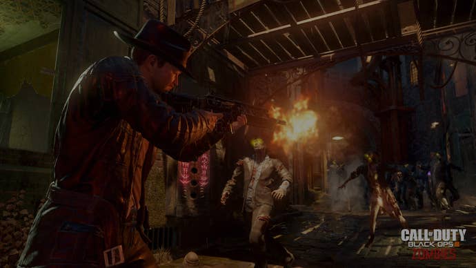 A cowboy-coded character shoots at the undead with a shotgun in Call of Duty: Black Ops 3 Zombies mode.
