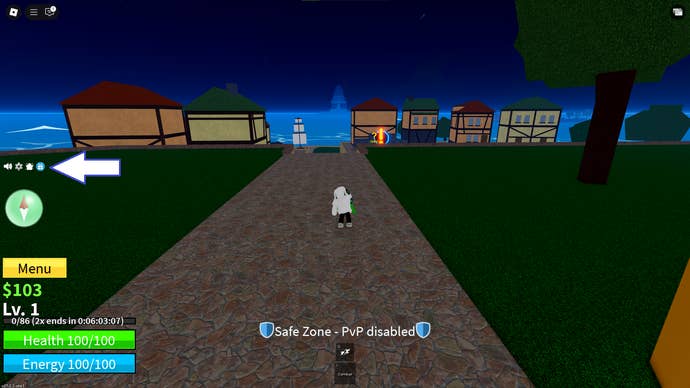 A screenshot of Blox Fruits in Roblox showing the game's gift icon button.