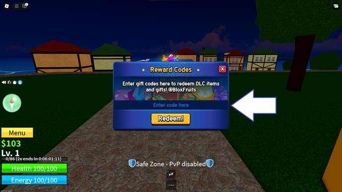 A screenshot of Blox Fruits in Roblox showing the game's codes field.