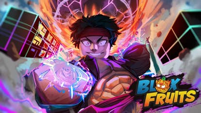 Artwork for the Roblox game Blox Fruits showing an anime-inspired character with gusts of wind and a powerful glow surrounding them.