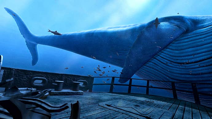 The tail-end of a huge blue whale, as seen from the wreckage of a ship underwater. It’s a VR demo.