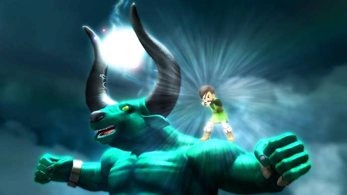 A young male protagonist in Blue Dragon summons a massive blue bull.