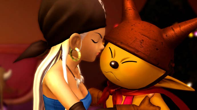 A woman in a bandana and blue top leans in close to a small yellow guy with a horned pot on his head, possibly for a smooch.