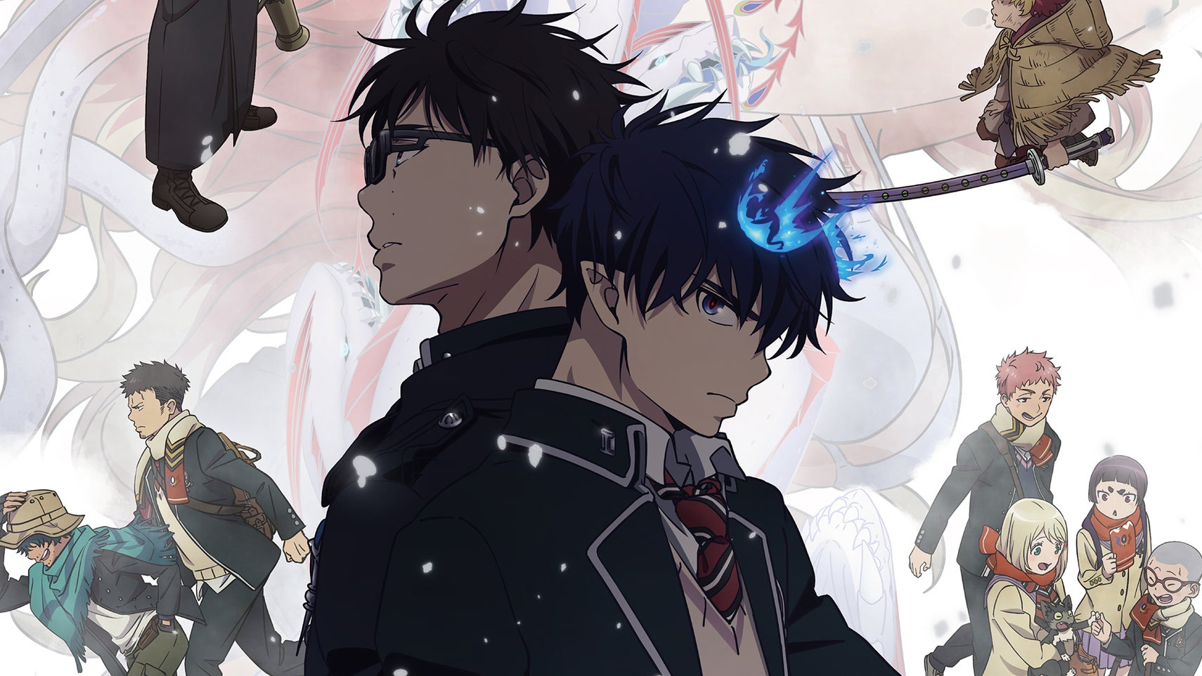 A poster for Blue Exorcist showing the main cast in various poses. - 1