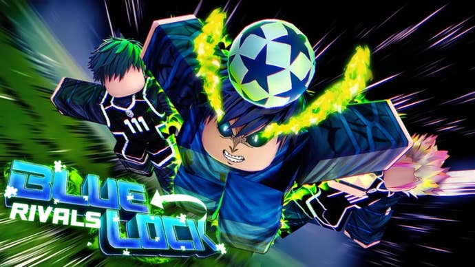 Artwork for the Roblox game Blue Lock Rivals showing an anime-inspired Robloxified character heading a football.