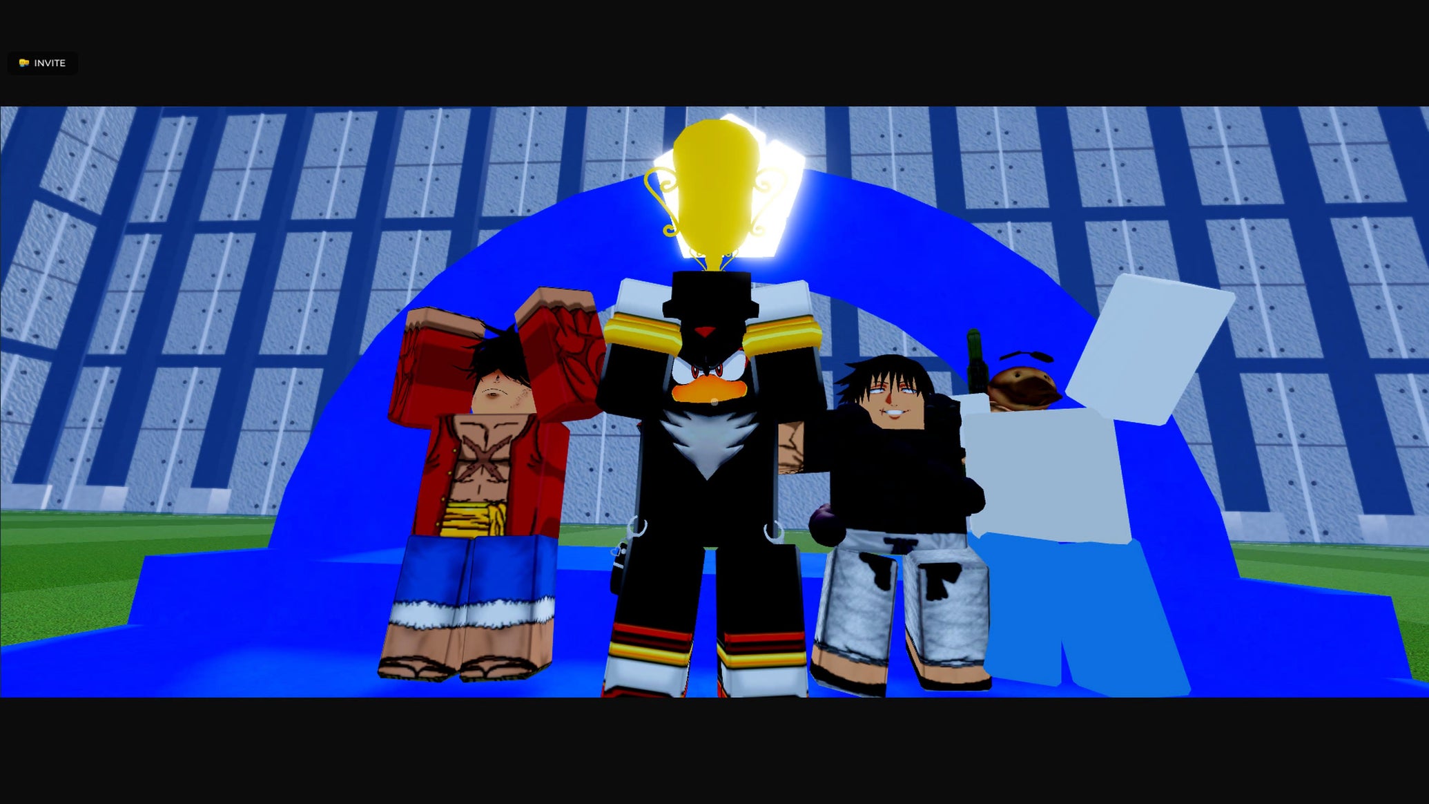 Four players in Blue Lock Rivals holding a trophy above their heads after winning a match. - 1