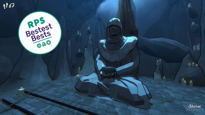 A big stone statue in a blue shadowy cave from Blue Prince, with the RPS Bestest Best sticker floating next to it.