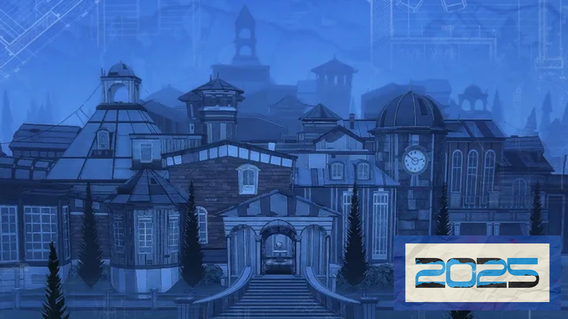 Blue Prince artwork showing a drawing of the mansion in blue, architect's blueprints style with 2025 logo in bottom right corner