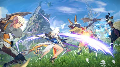 Blue Protocol screenshot showing brightly coloured anime characters battling with swords against creatures